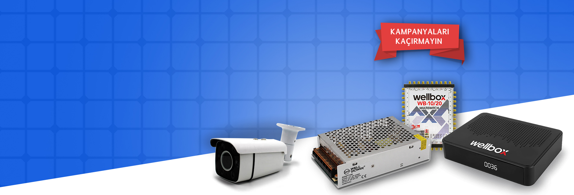 Wellbox uydu alıcısı, multiswitch, güç kaynağı ve güvenlik kamerası